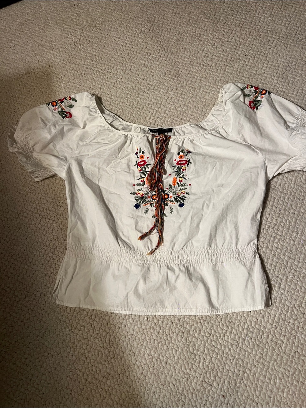 Tara Jarmon White Peasant Blouse with Multicolor Floral Embroidery